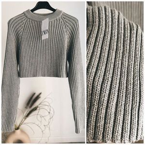 Zara Cropped Ribbed Grey Sweater Small NWT